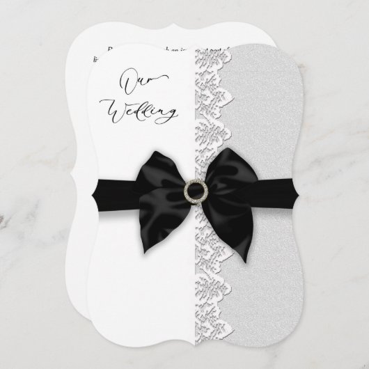 Invitation Mariage, Bow/Ruban noir, Bordure de dentelle (Faux (Devant / Derrière)