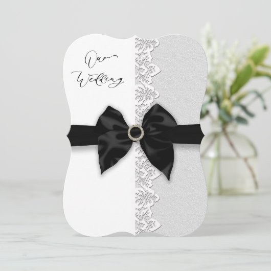 Invitation Mariage, Bow/Ruban noir, Bordure de dentelle (Faux (Debout devant)