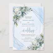 Invitation Mariage brillant Dusty Blue White Silver Peonies (Devant)