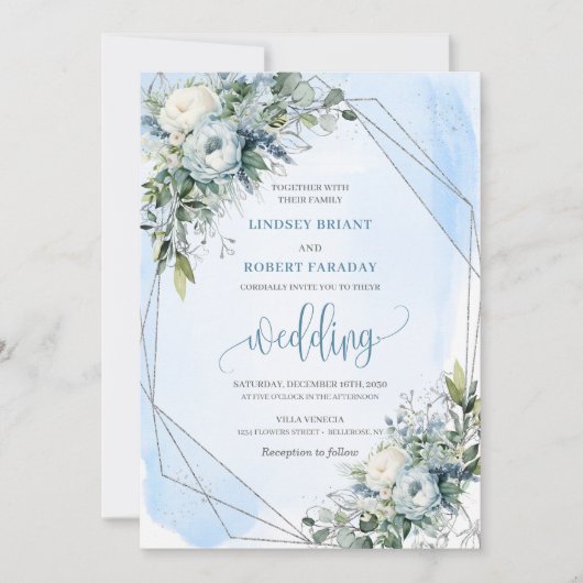 Invitation Mariage brillant Dusty Blue White Silver Peonies (Devant)