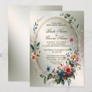 Invitation Mariage Bronze Fleurs colorées Golden Frame Party