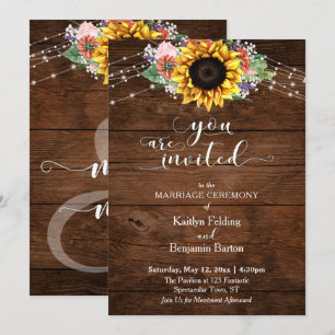 Invitation Mariage Brown bois, typographie, tournesol & lumiè