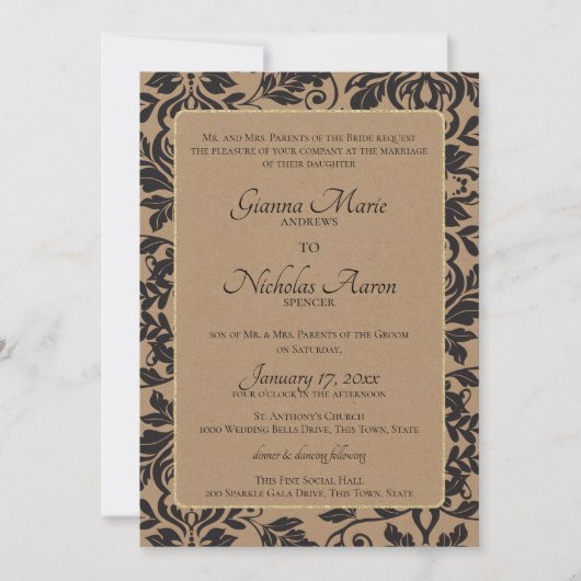 Invitation Mariage Brown Damask Natural Kraft (Devant)