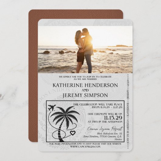 Invitation Mariage Brown de passeport de Cancun (Devant / Derrière)