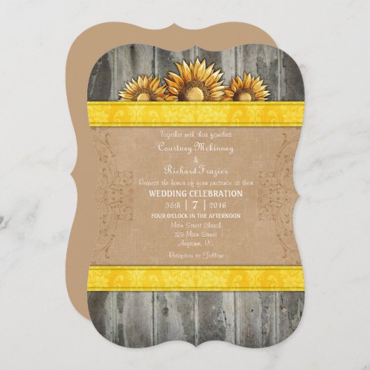 Invitation Mariage Brown de tournesol rustique Jaune Invitati (Devant / Derrière)