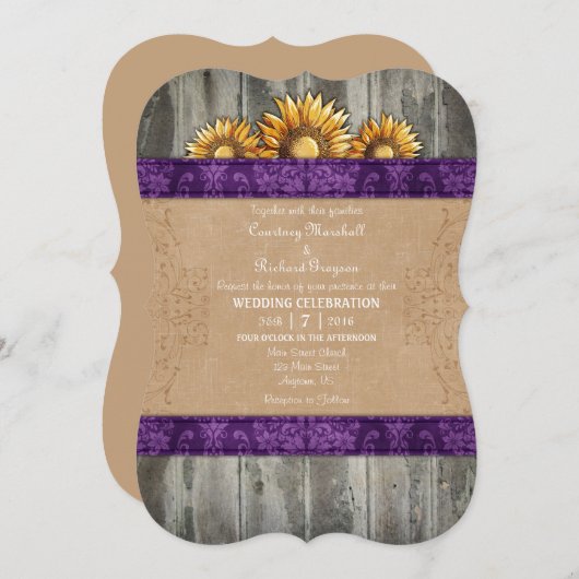 Invitation Mariage Brown de tournesol rustique violet Invitat (Devant / Derrière)