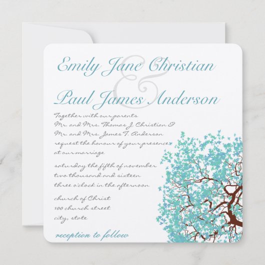 Invitation Mariage Brown de tronc Aqua Tree (Devant)