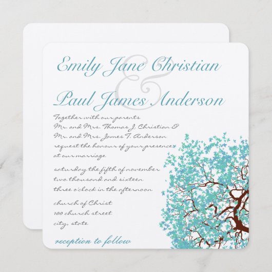 Invitation Mariage Brown de tronc Aqua Tree (Devant / Derrière)