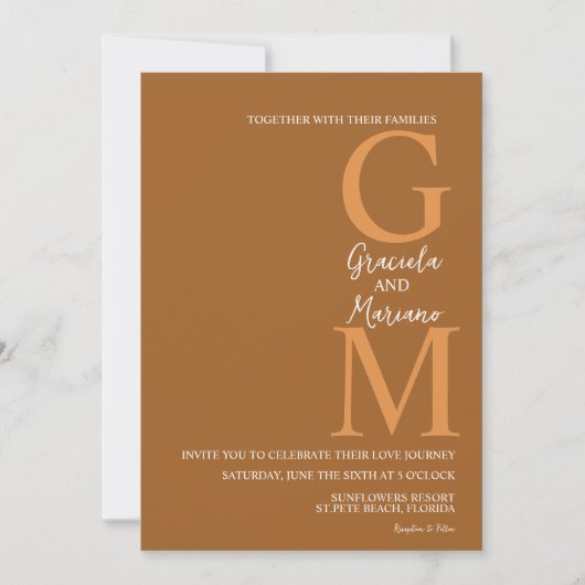 Invitation Mariage Brown en terre cuite monogramme (Devant)