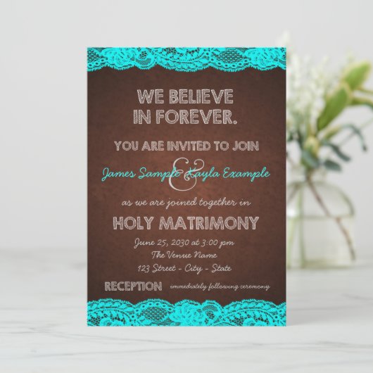 Invitation Mariage Brown et Turquoise rustique (Debout devant)