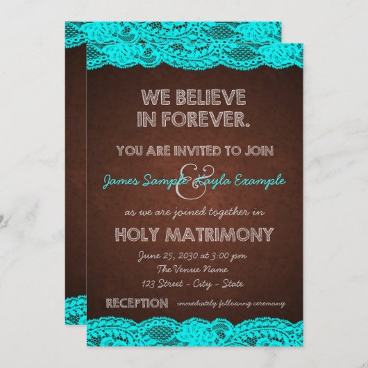 Invitation Mariage Brown et Turquoise rustique (Devant / Derrière)