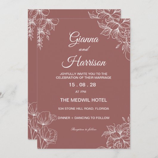 Invitation Mariage Brown fleur sauvage (Devant / Derrière)