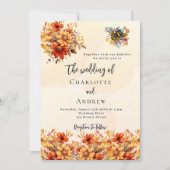 Invitation Mariage brûlé orangé fleurs d'automne abeille (Devant)