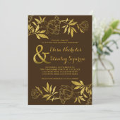 Invitation Mariage brun fleuri à feuille d'or (Debout devant)