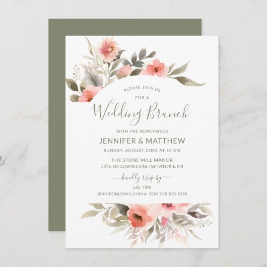Invitation Mariage Brunch Aquarelle Blush Rose Wreath (Devant / Derrière)