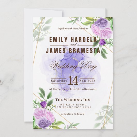Invitation Mariage budget couleur rose violet de l'aquarelle (Devant)