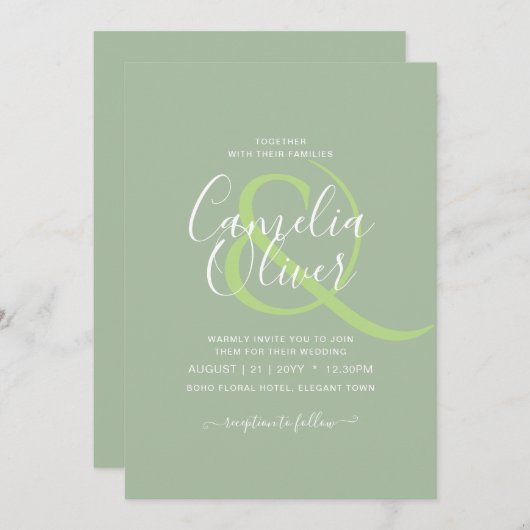 Invitation MARIAGE BUDGET Sage Apple Green Monochrome Texte (Devant / Derrière)