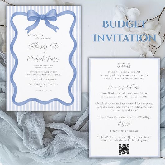 Invitation Mariage budgétaire Vintage de bande ruban bleu