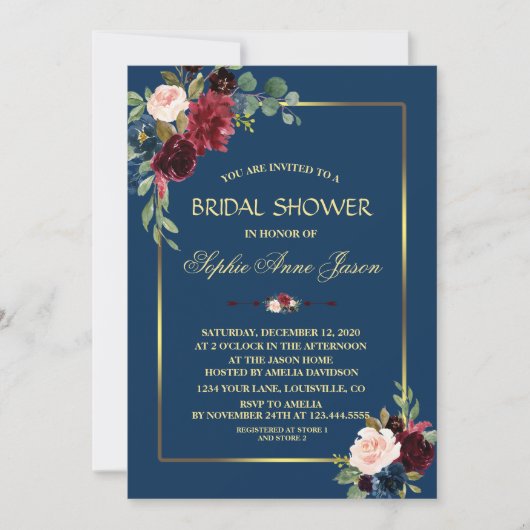 Invitation Mariage Burgundy Navy Blue Fleurs Cadre Doré (Devant)