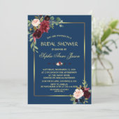 Invitation Mariage Burgundy Navy Blue Fleurs Cadre Doré (Debout devant)