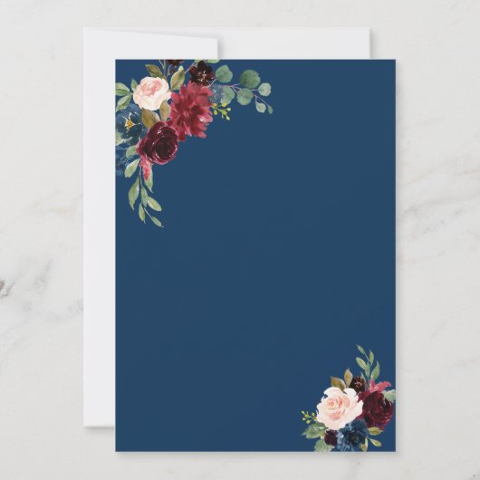 Invitation Mariage Burgundy Navy Blue Fleurs Cadre Doré (Dos)