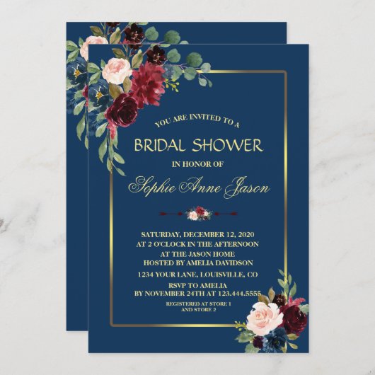 Invitation Mariage Burgundy Navy Blue Fleurs Cadre Doré (Devant / Derrière)