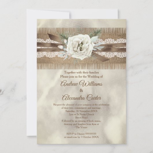 Invitation Mariage Burlap Beige Blanc Rose dentelle Bow (Devant)