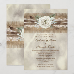 Invitation Mariage Burlap Beige Blanc Rose Ruban en Dentelle