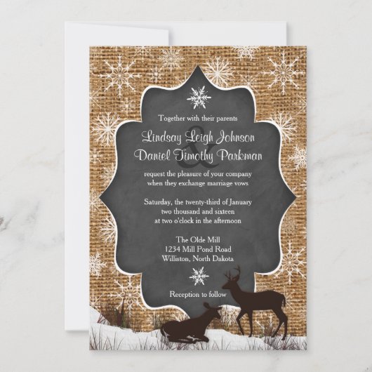 Invitation Mariage | Burlap | Cerf | Les flocons de neige | T (Devant)