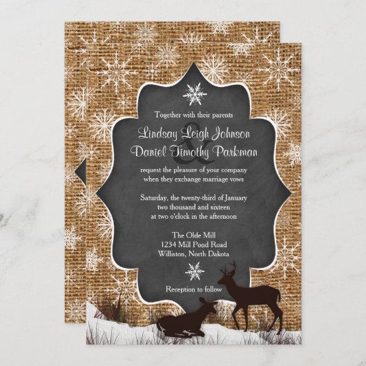 Invitation Mariage | Burlap | Cerf | Les flocons de neige | T (Devant / Derrière)