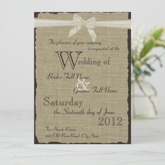 Invitation Mariage Burlap et Bow (Debout devant)