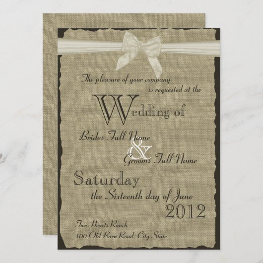 Invitation Mariage Burlap et Bow (Devant / Derrière)
