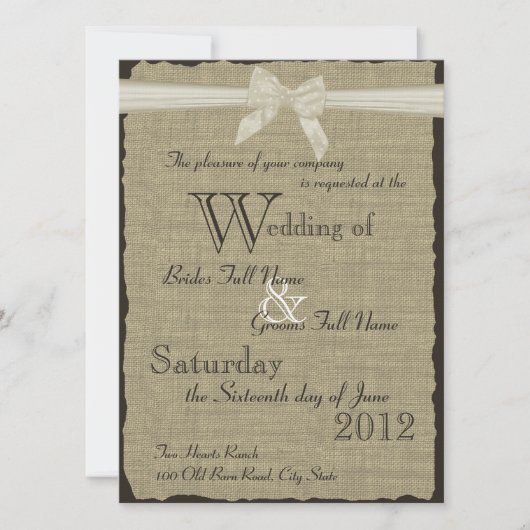 Invitation Mariage Burlap et Bow (Devant)