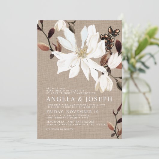 Invitation Mariage Burlap Magnolias en fleurs (Debout devant)