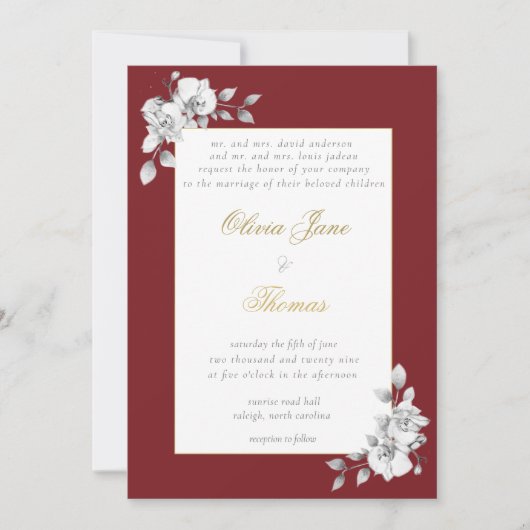Invitation Mariage BW Eucalyptus Burgundy Forme Or (Devant)