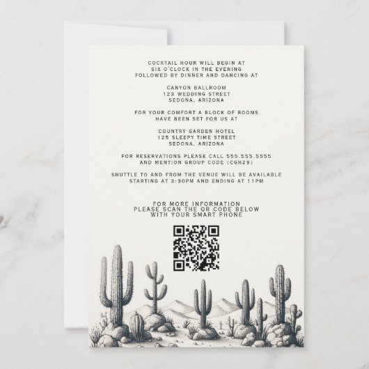 Invitation Mariage Cactus décontracté avec code QR et détails (Dos)
