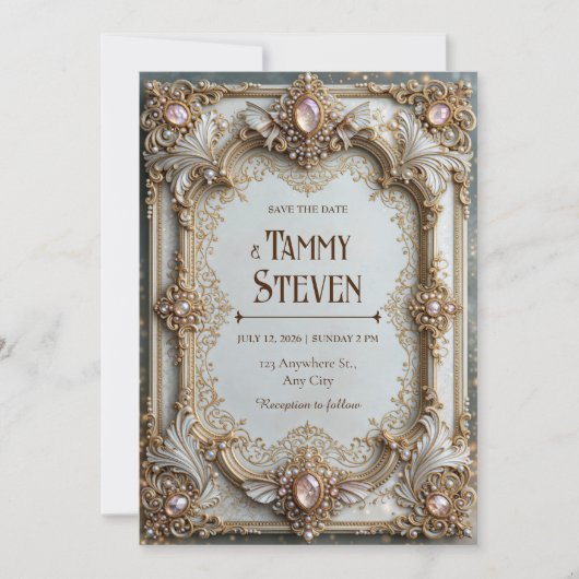 Invitation Mariage Cadre Baroque Doré Perle Rosée (Devant)