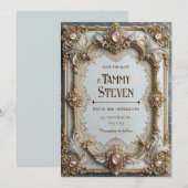 Invitation Mariage Cadre Baroque Doré Perle Rosée (Devant / Derrière)