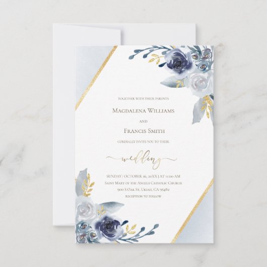 Invitation mariage ・ cadre bleu poussiéreux pour fleurs d'aqu (Devant)