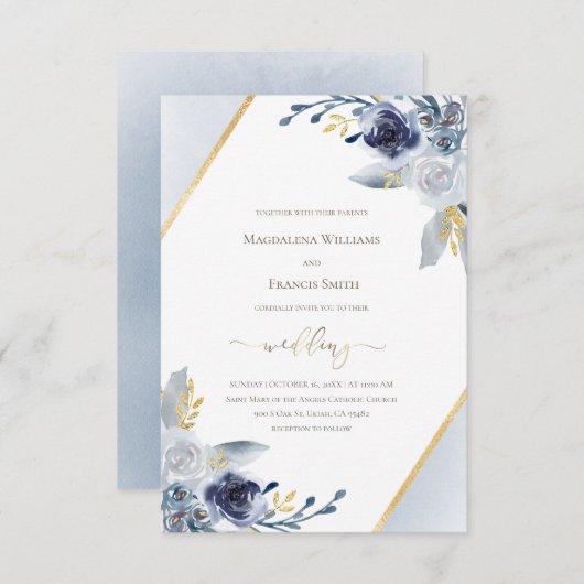 Invitation mariage ・ cadre bleu poussiéreux pour fleurs d'aqu (Devant / Derrière)