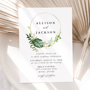 Invitation Mariage Cadre Cercle Or Feuilles Tropicales Modern