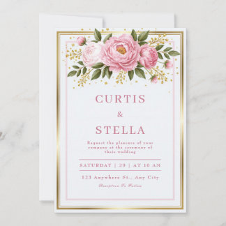Invitation Mariage cadre de feuille d'or Pivoine Rouge