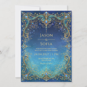 Invitation Mariage Cadre de filigrane doré bijou de saphir