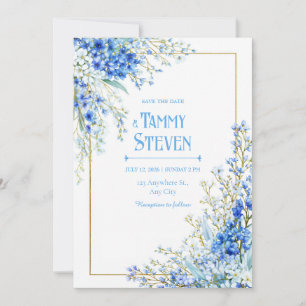 Invitation Mariage Cadre Doré Aquarelle Muscari Bleu Royal