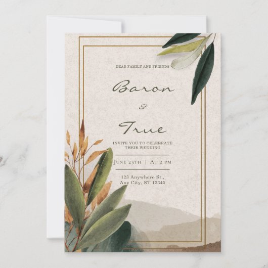 Invitation Mariage Cadre Doré avec Verdure Automnale Rustique (Devant)
