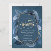 Invitation Mariage Cadre Doré Feuilles Bleues (Devant)