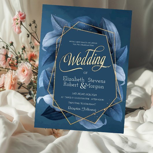 Invitation Mariage Cadre Doré Feuilles Bleues