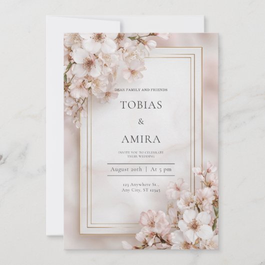 Invitation Mariage Cadre Doré Fleur de Cerisier Rose Éthérée (Devant)