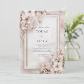 Invitation Mariage Cadre Doré Fleur de Cerisier Rose Éthérée (Debout devant)