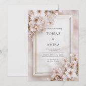 Invitation Mariage Cadre Doré Fleur de Cerisier Rose Éthérée (Devant / Derrière)
